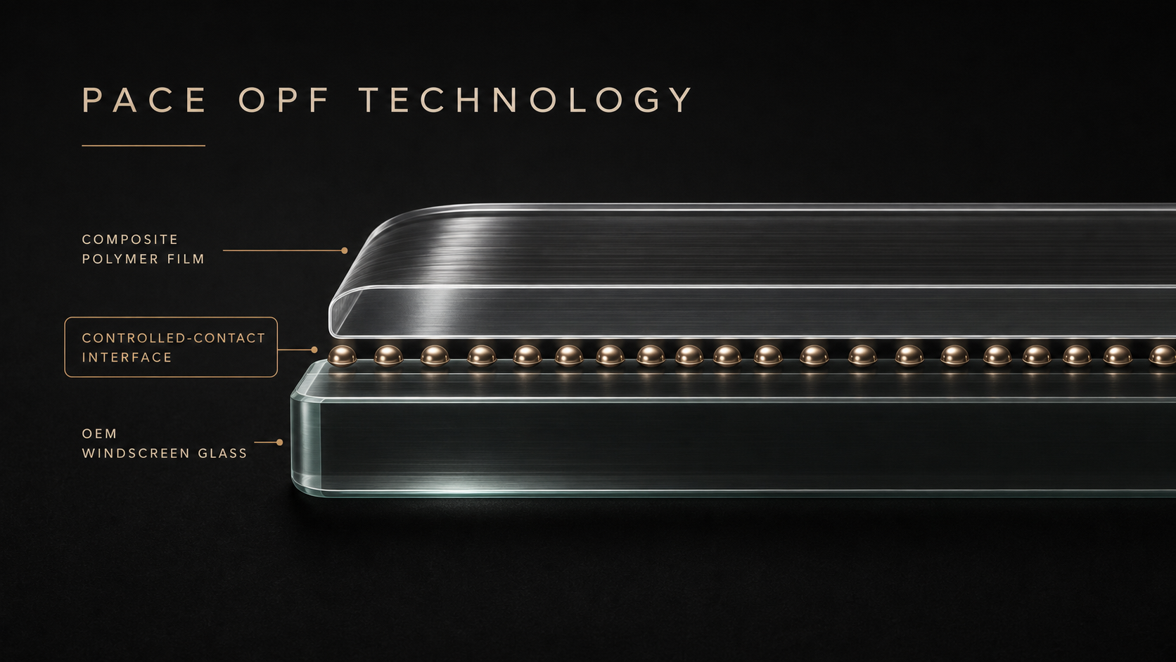 PACE OPF technology diagram showing a controlled-contact interface between composite film and windscreen glass